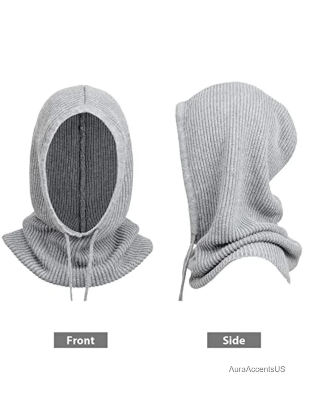 Wool Acrylic Knit Balaclava Hooded Scarf Hat with Drawstring - Unisex Winter